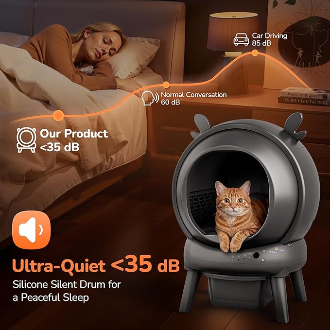 Automatic Self Cleaning Litter Box, Cat Litter Box with APP Control, 65L Globe & Dual Safety Sensors, Robot Litter Box, 1 Roll Garbage Bags and Litter Mat, <35DB, Grey