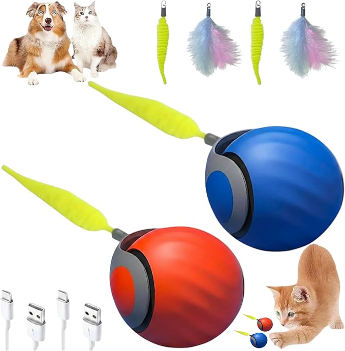 Speedy Tail 2.0 Cat Toy, 2PCS Automatic Interactive Cat Toy with Tail, Electric Rolling Ball for Indoor Cats on Carpet, USB Rechargeable with Dual-Speed Adjustment, Feather Attachment, Orange & Blue