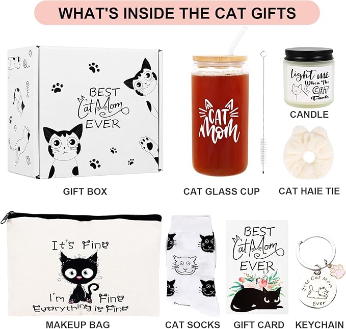 LiYiQ Cat Lover Gifts for Women - Cat Mom Gifts, Crazy Cat Lady Essentials: Makeup Bag, Socks, Scrunchies, Greeting Cards - Perfect for Birthdays & Mother's Day