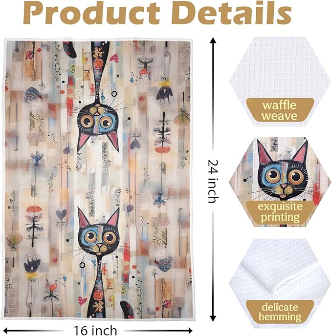 Black Cat Kitchen Towels Set - Whimsical Cat Lovers Waffle Decorative Dish Towels, Whimsical Abstract Hand Towel, Black Kitten Tea Towel, 16x24 Inch