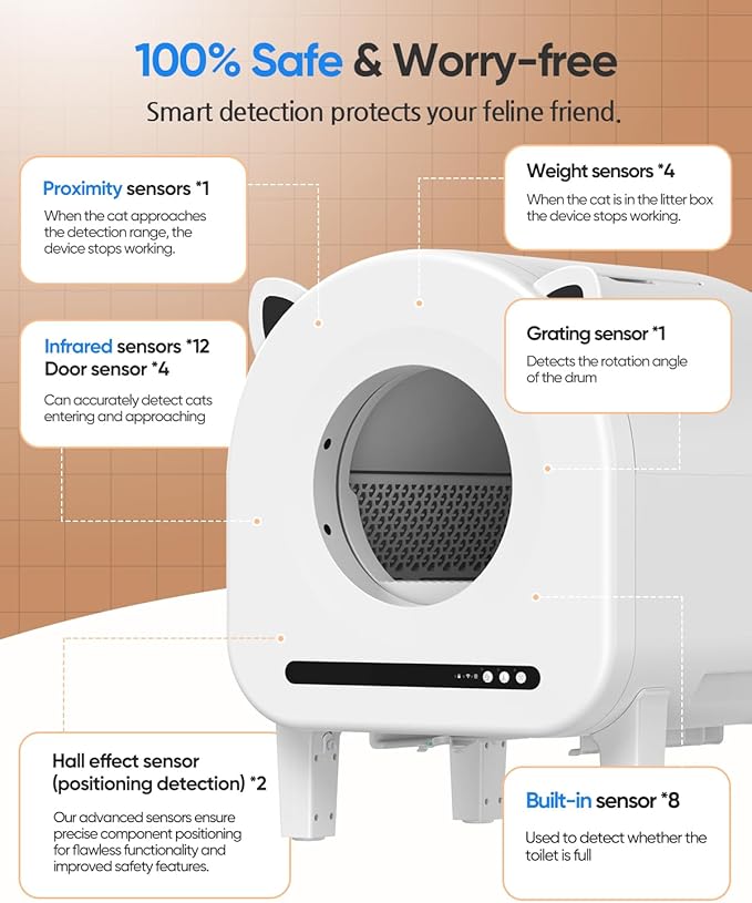 pupbay Automatic Cat Litter Box, Self Cleaning Litter Box 68L Large Capacity for Multiple Cats, App Control with Dual Safety Sensors, Anti-Pinch & Odor Control, Washable Liner & 2 Rolls Trash Bags