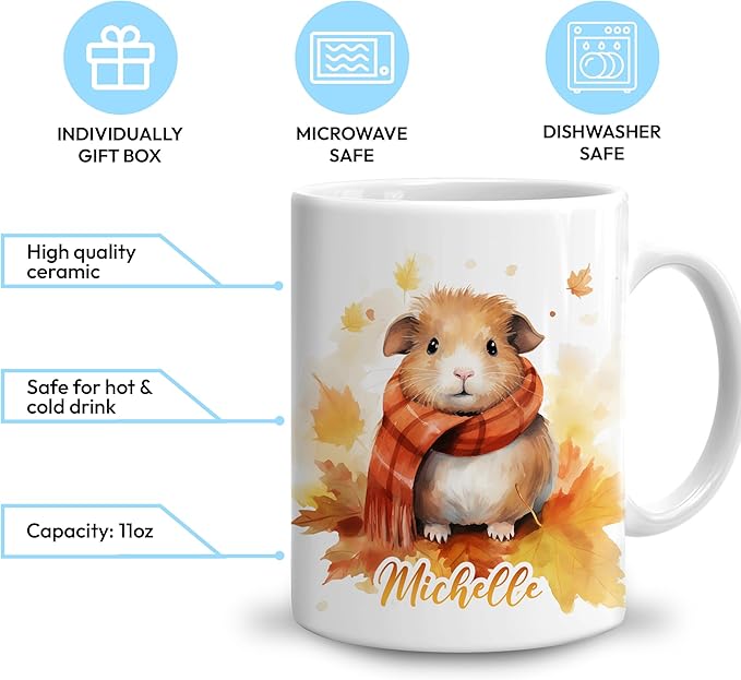 Hyturtle Personalized Fall Guinea Pig Coffee Mug - Birthday Gifts For Guinea Pig Lovers - Fall Autumn Decor Gifts For Farmhouse Thanksgiving - Custom Name 11oz White Ceramic Coffee Tea Mug