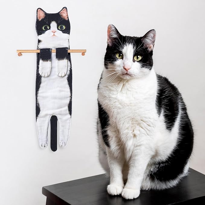 Funny Hand Towels for Bathroom Kitchen Decor - Cute Cat Hanging Hand Towel Kitchen Gadgets - Unique Housewarming Birthday Christmas Cat Lover Gift Ideas for Women Mom Lady Adults