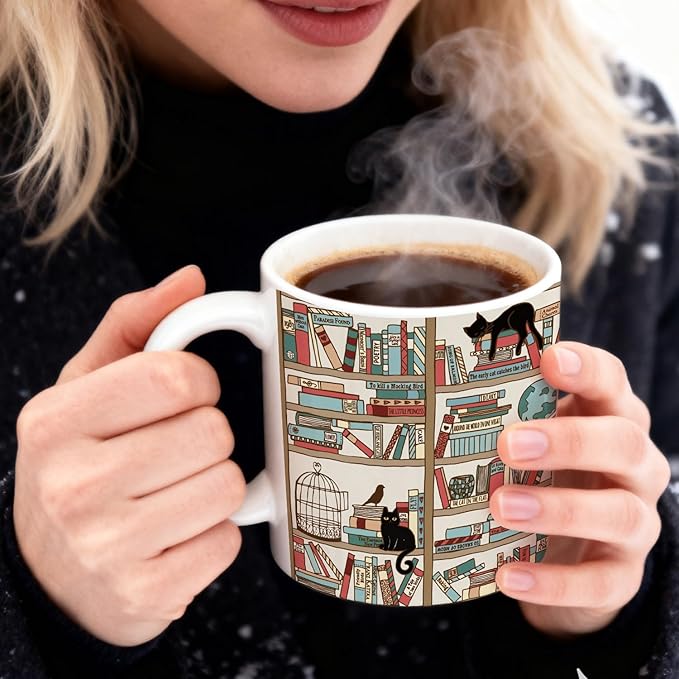 Cat Book Coffee Mug Gifts for Book Lovers Readers, Library Bookshelf Cup for Librarian Bibliophile, Bookworm Club Gifts for Friends - Reading Writer Women Black Coffee Cup 11oz