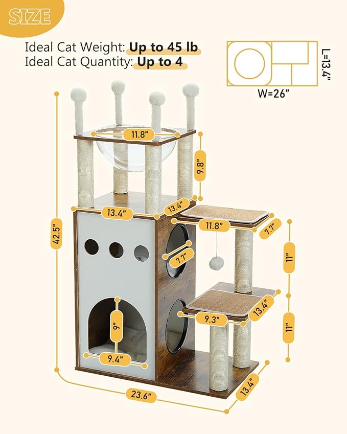 MUTTROS 42.5" Modern Wooden Cat Tree with 2-Story Condo, Scratching Posts, Capsule Nest & Dangling Balls - Sky City Design Indoor Furniture for Cats, Rustic Brown