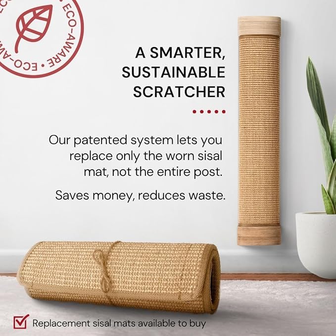 7 Ruby Road Wall Mounted Cat Scratcher - Replaceable Sisal Mat - 29.5" Tall Wall Cat Scratcher for Indoor Cats