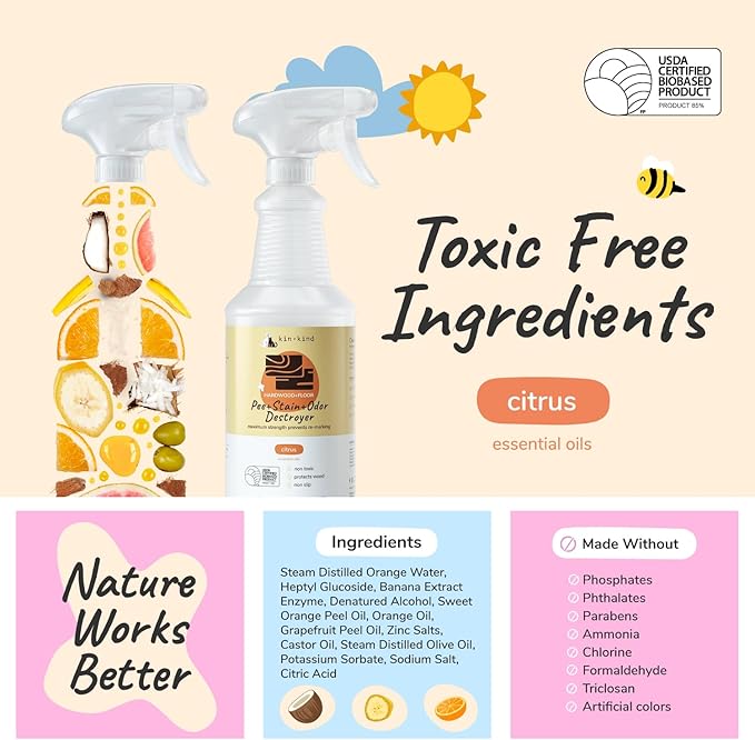kin+kind Pee+Stain+Odor Destroyer - Hardwood+Floor - Maximum Strength - Stops Re-Marking - USDA Certified Biobased - Citrus - 32 fl oz