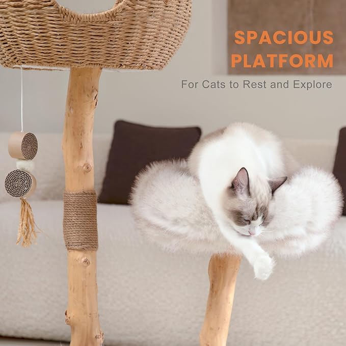PEGIC Cat Tree Tower for Cats with Two Real Branches, 44 Inch Wood Modern Cat Tower with Luxury Cat Condo, Cat Scratching Post, Jumping Platforms, Cat Furniture (Long Plush)