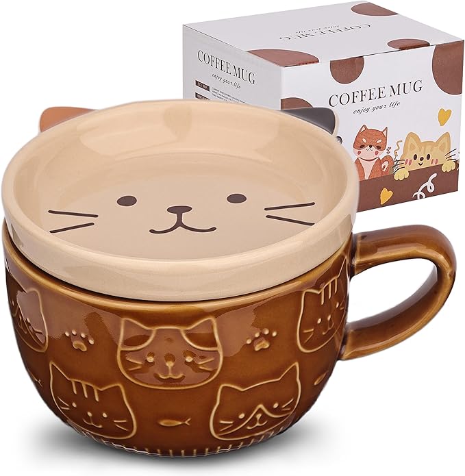 Cute Ceramic Cat Coffee Mug with Lid,Kawaii Coffee Mugs or Tea Cups for Cat Lovers,Funny Novelty Breakfast Mugs for Women Wife Mum Girls Boys Friends Kids Christmas Birthday Gift,300ML（Brown）