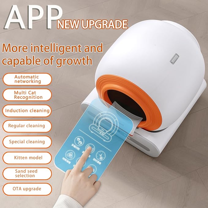 Self Cleaning Cat Litter Box, Automatic Cat Litter Box Self Cleaning for Multiple Cats, App Control, Smart Safety Anti-Pinch/Odor-Removal Design, 65L+9L Large Capacity, Orange