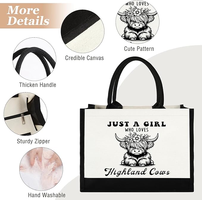 Canvas Tote Bag for Women, Cute Highland Cow Gifts for Cow Lover, Western Gift for Women Aesthetic Tote Bag Reusable Bag, Birthday Christmas Gift for Daughter Friends Sisters Who Loves Highland Cows