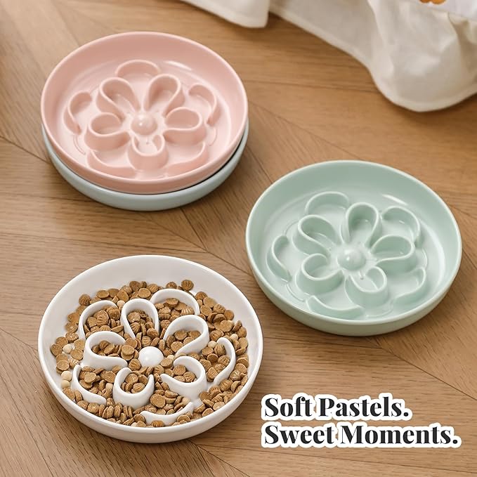 Melamine Cat Slow Feeder Bowl - Floral Maze Cat Food Dish - Flat Plate for Dry & Wet Food - Cute Kitten Bowl - Dishwasher Safe - 6.3'' W x 1'' H - 5.5 oz (160g) - Green