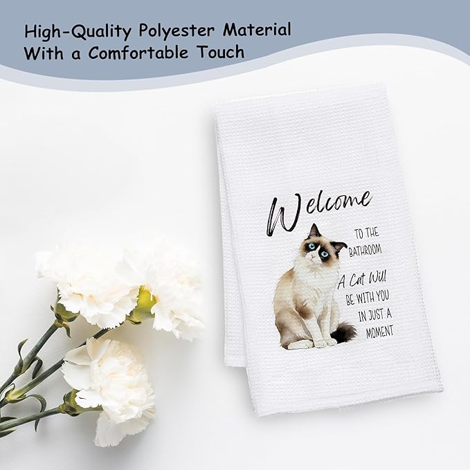 Funny Ragdoll Cat Bathroom Hand Towels, Cat Lovers Mom Dad Lady Gifts, Welcome to The Bathroom Cute Kitten Decorative Hand Towels for Washroom Restroom, 16x24 Inch