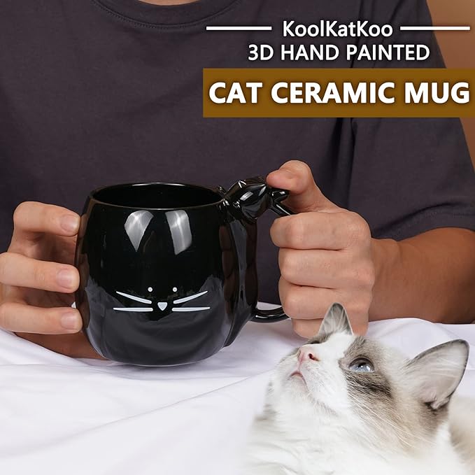 Koolkatkoo Cat Coffee Mug for Women Cute Ceramic Mugs for Cat Lover Tea Cup Black - White