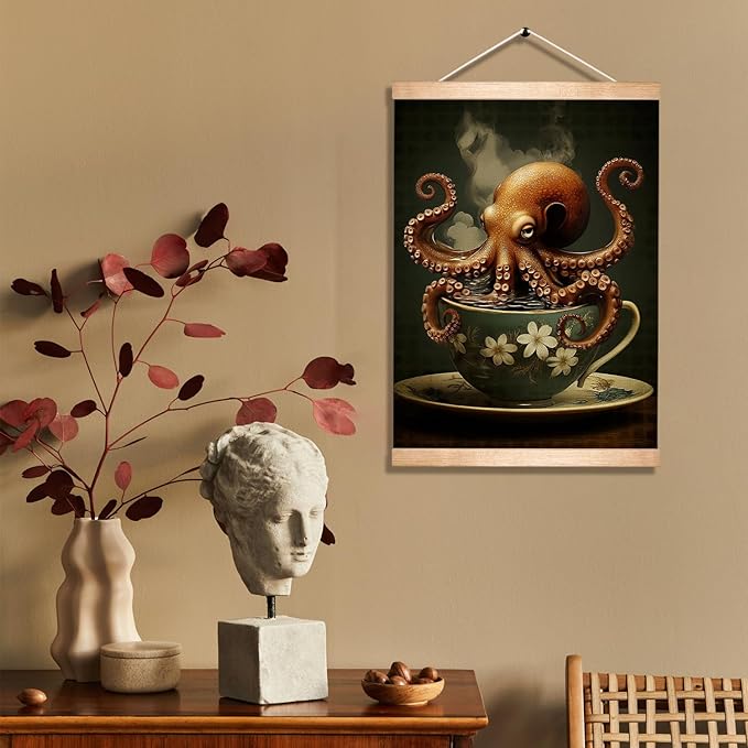 HEYJEEPER Whimsical Octopus in Teacup Wall Art Decor,14x18inch Gothic Dark Aesthetic Canvas Poster with Wood Frame, Retro Animal Poster for Kitchen,Living Room,Coffee Bar(Octopus)