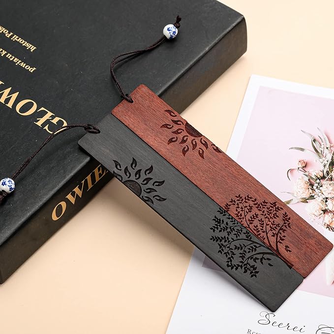 2 Pcs Wood Bookmark, Unique Bookmarks Gift for Men Women, Book Marks Accessories (Sun and Tree)