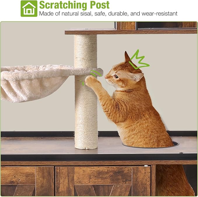 GUTINNEEN All-in-One Cat Litter Box Enclosure Hidden Litter Box Furniture with Cat Tree, Scratching Post, Cozy Cat Cave, Hanging Hammock, Storage Cabinet, Durable & Space-Saving (Brown)