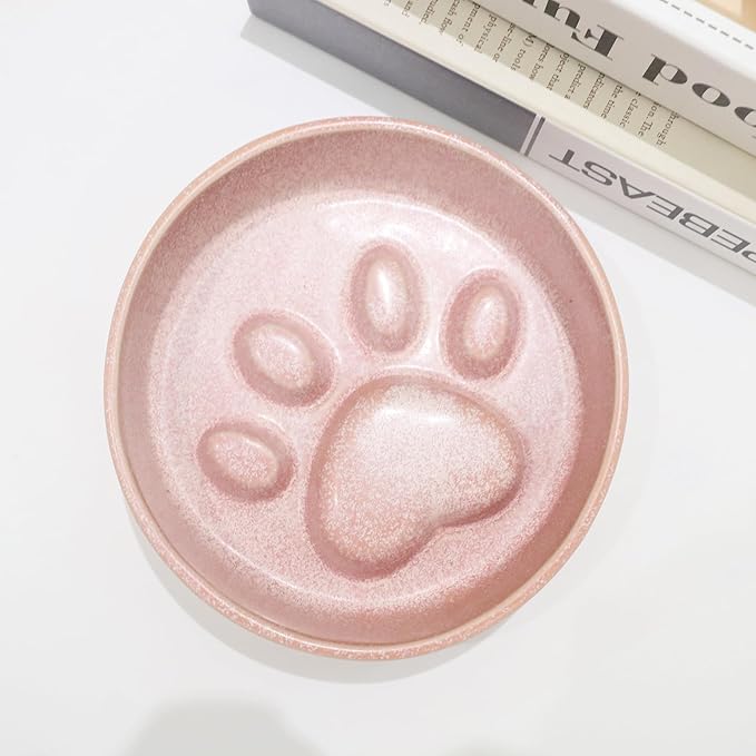 Ceramic Slow Feeder Bowl, 6.69 x 5.7 inches, Elevated Design with Paw Pattern, for Cats and Small Dogs (Pink)