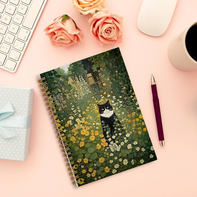 Wildflower Moody Cat Notebook, Retro Cottagecore Botanical Black and White Cat Journal for Writing, Witchy Cats Office Supplies, Spiral Notebook 5.5x8.3 Inch