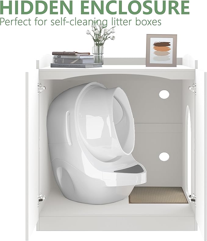 Extra Large Litter Box Enclosure with Cat Scratch Mat - Designed for Self-Cleaning and XXL Litter Boxes (White)