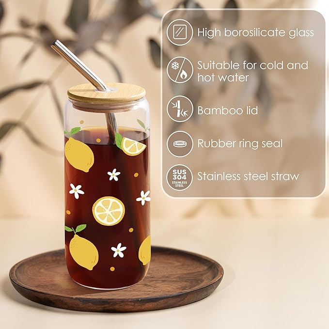 Joeyan Glass Cup with Lid and Straw - 20oz Iced Coffee Cup with Positive Crochet Lemon Doll, Cute Lemon Glass Tumbler for Smoothie Boba Tea, Summer Inspirational Birthday Gifts for Women Her Friend