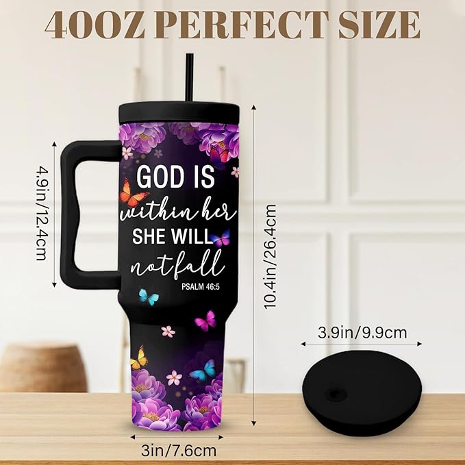 Christian Gifts For Women, Christian Tumbler 40 Oz, God Is Within Her She Will Not Fall, Christmas Inspirational Religious Cup For Women, Christmas Travel Coffee Tumbler