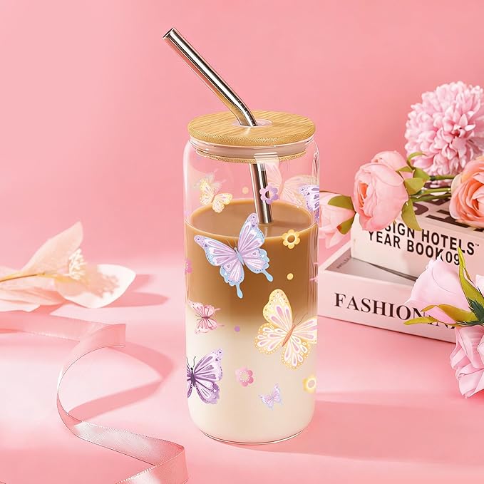 Joeyan Glass Cups with Lids and Straws - 20oz Iced Coffee Cup, Cute Pastel Butterfly Floral Glass Tumbler, Drinking Glasses for Smoothie Boba Tea, Birthday Mothers Day Gift for Women, Mom, Friend