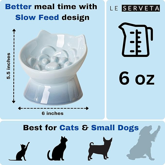Macarons Series Ceramic Slow Feeder Cat Bowl, Raised Puzzle Feeder, Anti Vomiting Cat Slow Feeding, Elevated Food Bowl, Whisker Friendly Pet Bowl with Cute Ear Design (Gradient Blue)