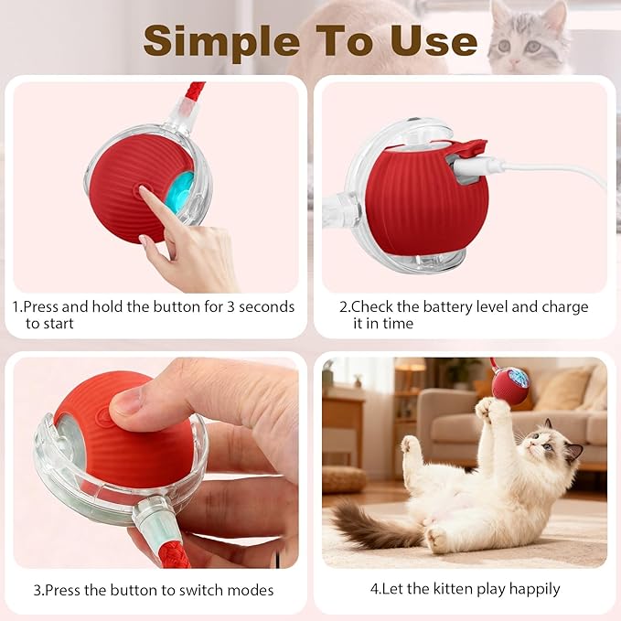 Interactive Cat Dog Toys, Electric Automatic Moving for Bored Indoor Adult Cats, Smart Rolling Ball with 3 Modes(Fast Rolling,Chirping & Motion-Activated) for Pet, Fun Gift for Cats with Speedy Tail