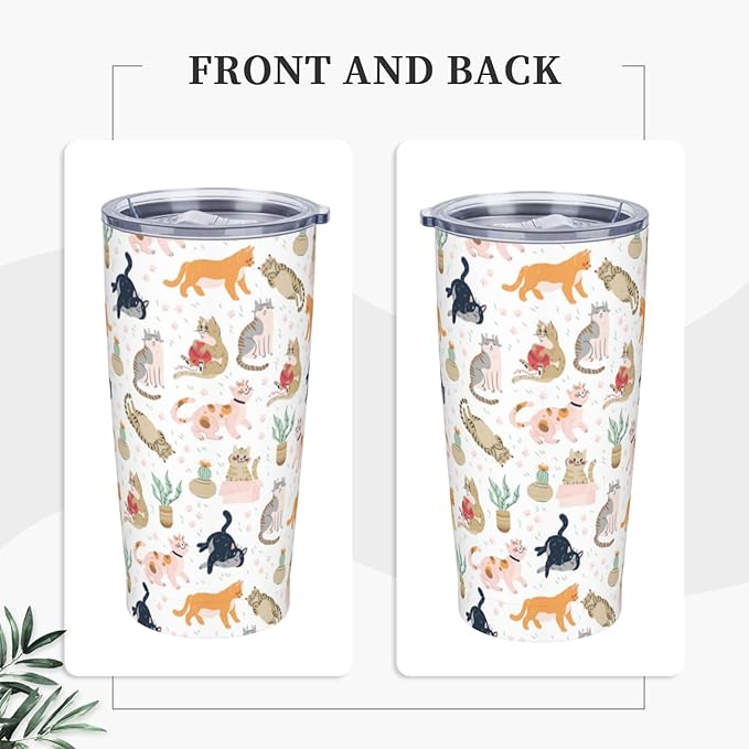 Cat Tumbler 20oz Cute Cats Stainless Steel Insulated Tumblers with Lid and Straw Animal Travel Coffee Mug Tea Wine Cups Water Bottle Cats Gifts for Women Cat Lover
