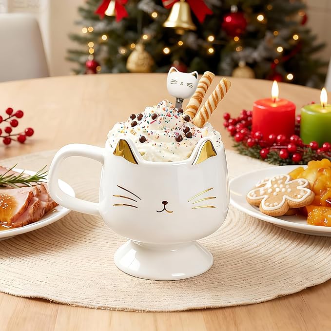 Christmas Mugs High-Footed Ceramic Cat Mug – 13.5oz Unique Coffee Cup with kitty Expression Design, Fun Gift for Women, Girls, Kids, Cat Lovers (white)