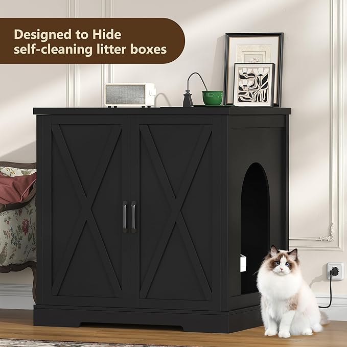 Hey-brother Enclosure for Self Cleaning Cat Litter Box, Large Hidden Litter Box Furniture with Charging Station, Suitable for Automatic Cats Litter Boxes and Robot, Vintage, Black JCLB004BK