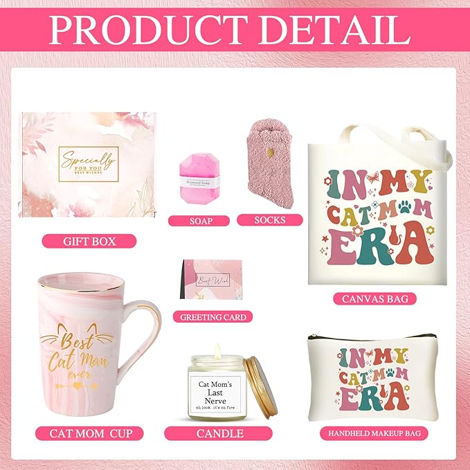DHQH Cat Lover Gifts for Women, Cat Mom Themed Gift Box for Christmas, Birthday Gifts Set with Candle box Coffee Mug Canvas Tote Bag