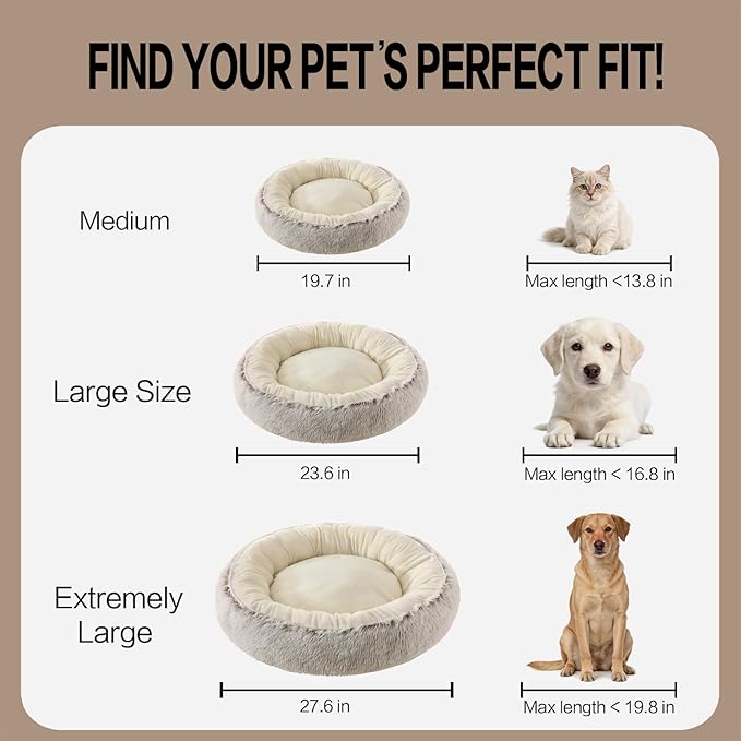Calming Donut Dog Bed Cat Bed, Fluffy Long Fur Outer & Short Fur Inner, Sweat-Free Cozy Cuddler, Non-Slip Bottom,for Small Medium Dogs Cats Puppy Kitten (Donut Bed - Coffee Color, Medium 19.7 Inches)