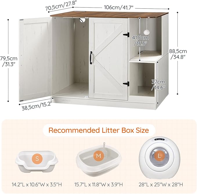 HOOBRO Farmhouse Cat Litter Box Enclosure, Automatic Cat Litter Box Cabinet with Charging Station, Hidden Cat Furniture with Hanging Ball & Sisal Mat, Tabletop & Hook, White and Walnut WH88UMW01