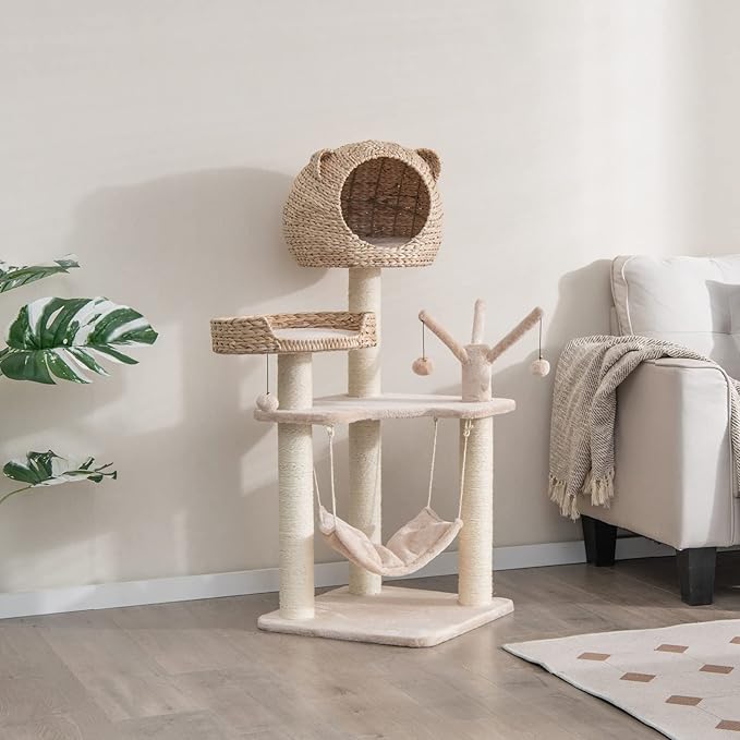 Tangkula Modern Cat Tree Tower, Multi-Level Tall Activity Center with Natural Sisal Scratching Posts, Hammock, Hand-Made Cattail Cute Condo with Funny Toy Balls