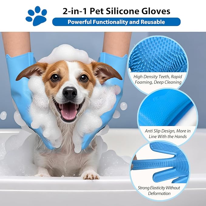Dog Bath Gloves for Washing, Pet Grooming Gloves with Shampoo Brush, Dog Bath Brush for Dogs and Cats, Essential Dog Bath Supplies (1 Pair, Blue)