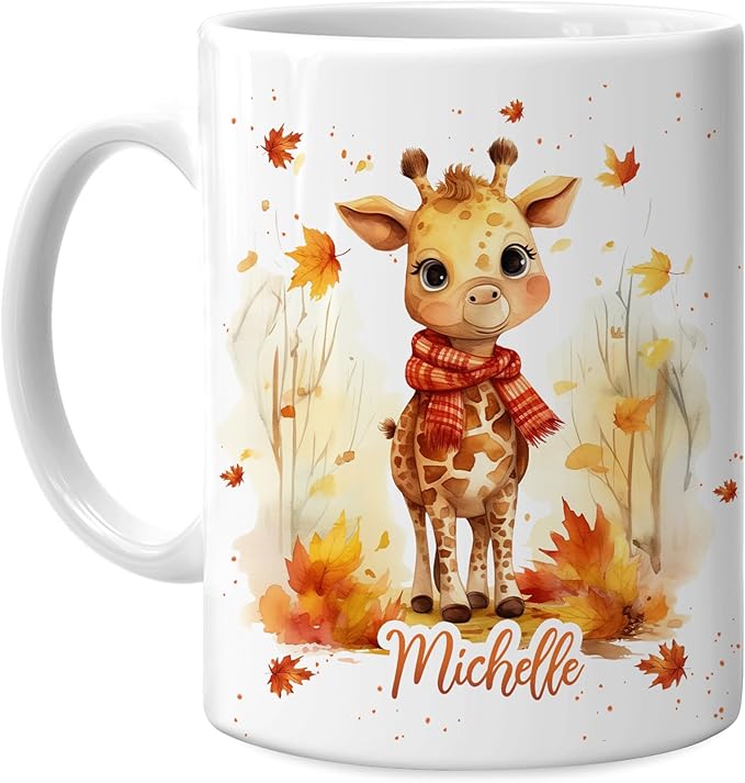 Hyturtle Personalized Fall Giraffe Maple Leaves Coffee Mug - Birthday Gifts For Giraffe Lovers - Fall Autumn Decor Gifts For Farmhouse Thanksgiving - Custom Name 11oz White Ceramic Coffee Tea Mug