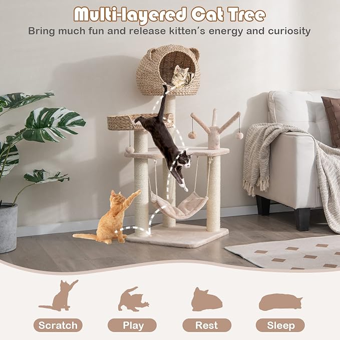 Tangkula Modern Cat Tree Tower, Multi-Level Tall Activity Center with Natural Sisal Scratching Posts, Hammock, Hand-Made Cattail Cute Condo with Funny Toy Balls