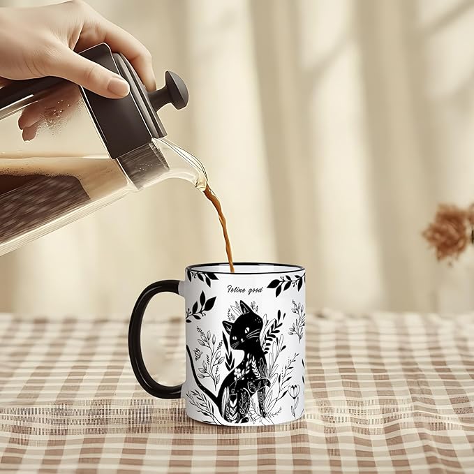 Black Cat Mug 11 Oz Mothers Day, Birthday Gifts for Women, Black and White Boho Cats Coffee Mug,Birthday Gifts for Cats Lovers Women,Friends,Mom,Grandma Ceramic Cup Microwave & Dishwasher Safe