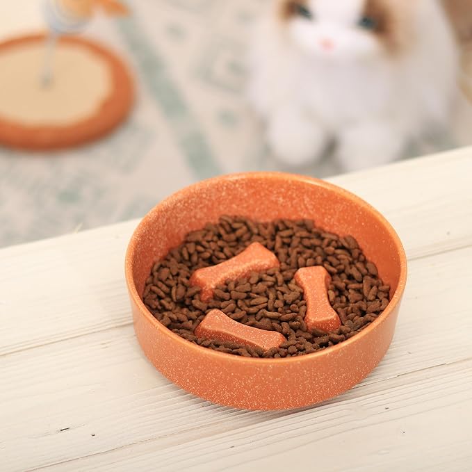 Ceramic Slow Feeder Cat Bowls 6 Inch Cute Bone Slow Feeding Dog Food Bowl,Whisker-Friendly, Anti-Vomiting Feeder for Cats and Small Dogs Non Slip Dishwasher/Microwave Safe (Orange)
