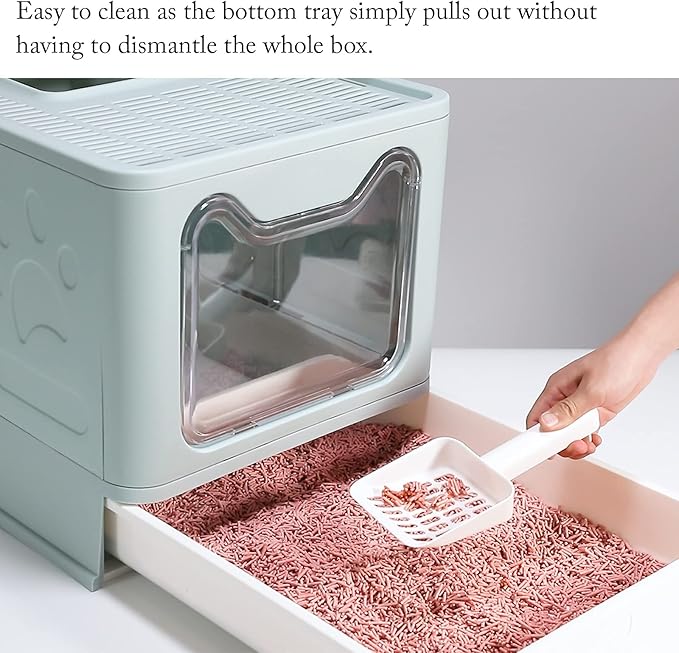 ROCCS Foldable Cat Litter Box with Lid,No Smell Large Top Entry Litter Box with Cat Litter Scoop,Covered Drawer Type Kitty Potty,Including Fur Brush & Cleaning Glove,Blue 20" x 16" x 15"