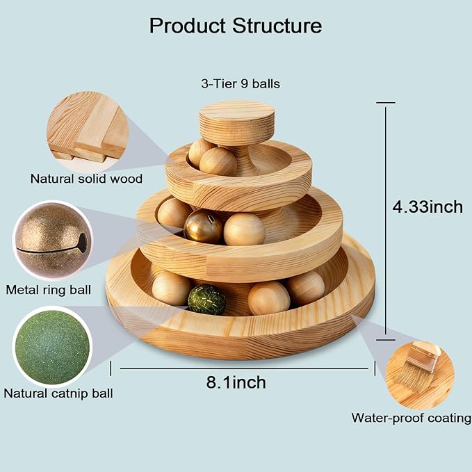 Cat Ball Track Toy with Catnip Ball and Metal Bell 3 Tier Cat Tower for Indoor Cats Wooden Interactive Cat Toy for Hunting Physical Exercise 9 Removable BallsPuzzle Kitten Toys