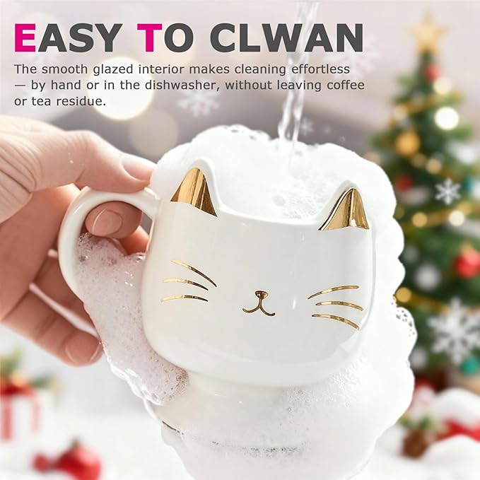 Christmas Mugs High-Footed Ceramic Cat Mug – 13.5oz Unique Coffee Cup with kitty Expression Design, Fun Gift for Women, Girls, Kids, Cat Lovers (white)