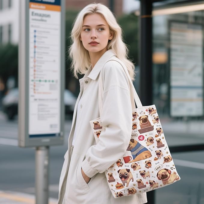Aesthetic Canvas Tote Bag for Women - with Magnetic Snap Closure & Zipper Inner Pocket Reusable Bag for Shopping