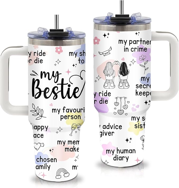 Bestie Gifts for Women Friendship - Best Friend Tumbler 40oz with Handle and Straws, Leak-proof, Stainless Steel Insulated Coffee Mugs for BFF Soul Sister Work Bestie Cups, Gifts for Female Birthday