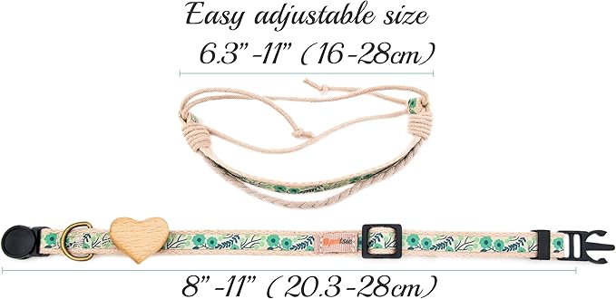 Pettsie Breakaway Cat Collar with Wooden Heart Charm & Matching Owner Bracelet – Soft Cotton, Adjustable Safety Collar for Cats, Lightweight & Stylish, 8"-11", Gift-Ready Set for Cat Lovers, Green
