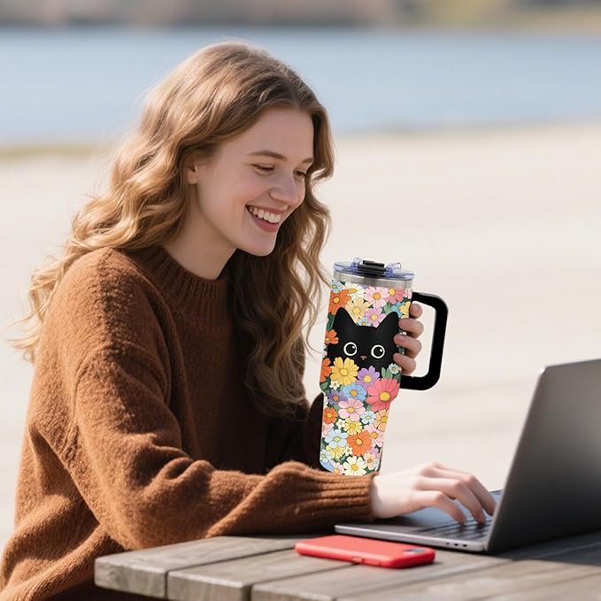 Black Cat & Floral Tumbler 40oz with Handle and Straws, Leak - proof, Stainless Steel Insulated Travel Coffee Mugs Vintage Flora & Cute Cat Print Cup Gifts for Women, Girls, Birthday, Christmas