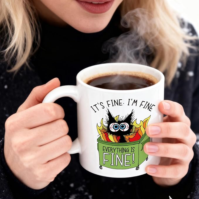 Its Fine Everything is Fine Ceramic Coffee Mug for Women 11 oz, Funny Cats Coffee Mugs for Cat Lovers, Birthday Christmas Gifts for Cat Mom Coworkers Work Bestie