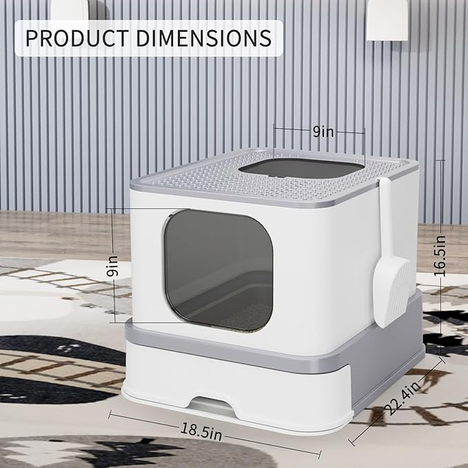 RIZZARI Stainless Steel Cat Box: Light Gray Covered Design with High Sides to Prevent Leaks - Spacious Interior & Non-Stick Coating for Odor Control - Easy-Clean Drawer - Bathroom or Living Room Use